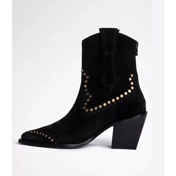 Zadig & Voltaire Cara Black Suede Western Cowboy Studded Ankle Boots Sz 11 $798 - Picture 1 of 16